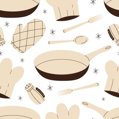 Kitchen tools and appliances seamless pattern. Kitchen utensils background. Flat illustration.