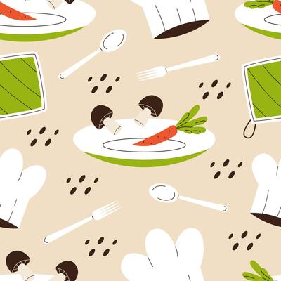 Kitchen tools and appliances seamless pattern. Kitchen utensils background. Flat illustration.