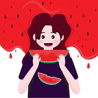 girl is eating watermelon with watermelon juice in the background vector