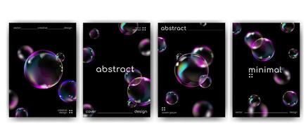 Realistic transparent bubbles creative posters set. 3d realistic iridescent bubble on black background cover, brochure, creative background template design collection with place for text. vector