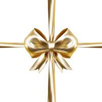 3D glossy gift bow in gold color with ribbons tied in a cross. realistic illustration on a white background. Holiday design element for birthday, wedding, advertising banner of sale and other vector