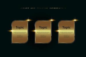 Collection of three Luxury Infographic buttons for charts, infographic, 3 premuim option elements design with golden shape. used in bannsers, web concept template vector