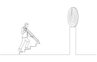 Continuous one line drawing of businessman drawing stair to target, ambition to reach business goal concept, single line art. vector