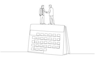 Continuous one line drawing of two businessmen standing on calendar and shaking hands, agreement on project duration, schedule business plan with partner concept, single line art. vector