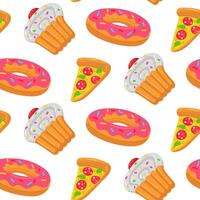 Swimming circle pattern in the shape of a donut and icing, a cupcake and a slice of pizza, inflatable food. This colorful inflatable float pillow is perfect for a summer themed pool party. Seamless vector