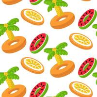 Pattern of swimming circles in the form of a palm tree, orange slices and watermelon, a large floating inflatable tree with fruits. Inflatable float pillow is perfect for a summer themed pool party vector
