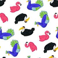 A pattern with swimming circles in the form of tropical birds toucan, flamingos, peacock, large swimming birds. This bird swimming circle is perfect for a summer themed pool party. Seamless vector