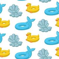 A pattern of swimming circles in the form of a mermaid's tail, ducks, shells, floating inflatable inhabitants. Colorful inflatable pillow floats are perfect for a summer themed pool party. Seamless vector