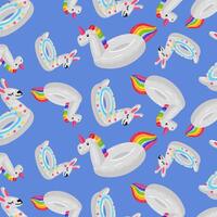 A pattern of a swimming circle in the form of a white llama and a unicorn, large floating animals on a blue one. This animal-shaped swimming circle is perfect for a summer themed pool party. Seamless vector