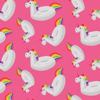 pattern with a swimming circle in the form of a white unicorn with a large long horn on a pink, large floating animal. Animal-shaped swimming circle is perfect for a summer themed pool party. Seamless vector