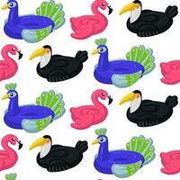 Pattern with swimming circles in the form of tropical birds toucan, flamingos, peacock, large swimming birds. This bird swimming circle is perfect for a summer themed pool party. Seamless texture vector