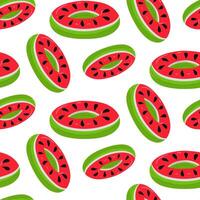 pattern with a swimming circle in the form of a slice of watermelon, a large floating fruit. This bright red and green float cushion is perfect for a summer themed pool party. Seamless illustration vector