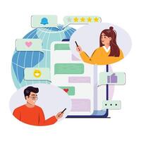 Man and a woman engaging in a dynamic conversation through their smartphones, set against the backdrop of a globe. The image is filled with social media elements vector