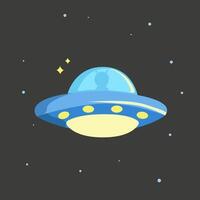 flat UFO. Flying saucer that glows.Unidentified flying object in space. Scientific illustration. Hand lettering Space and Aliens vector