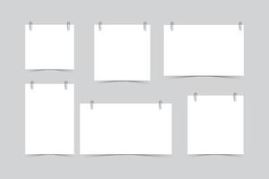 Paper poster hanging on clip and string, photo gallery mockups. Empty picture canvas display vector