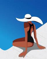 2 illustration of a beautiful girl in a hat, resting on vacation, swimming in the pool and sunbathing vector