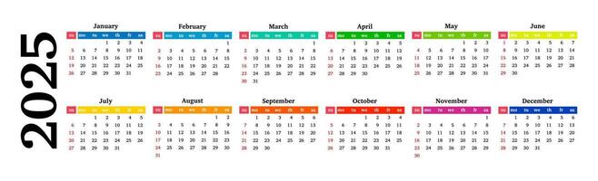 Calendar for 2025 isolated on a white background vector