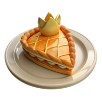3d render of a slice of the king cake with a flaky crust and almond filling, set on a white plate with a crown png