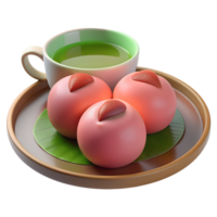 3d render of Soft mochi filled with red bean paste, set on a ceramic plate with a cup of green tea png