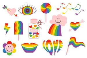 Set of elements on white background. LGBTQ set in rainbow color. Conceptual symbols of sexual orientation in flat style. vector