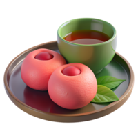 3d render of Soft mochi filled with red bean paste, set on a ceramic plate with a cup of green tea png