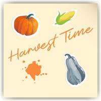 Note sheet with inscription Harvest Time. stickers in the form of vegetables, pumpkins and corn. blob vector