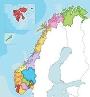 illustrated regional blank map of Norway with counties and territories, and neighbouring countries. Editable and clearly labeled layers. vector