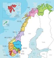 illustrated regional map of Norway with counties and territories, and neighbouring countries. Editable and clearly labeled layers. vector