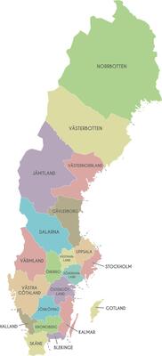 regional map of Sweden with counties and administrative divisions. Editable and clearly labeled layers.