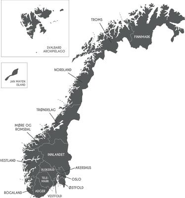 regional map of Norway with counties and territories, and administrative divisions. Editable and clearly labeled layers.