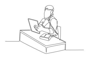 Continuous one line drawing young male manager reading company annual report while receiving phone call from staff at office. Check report concept. Single line draw design graphic illustration vector