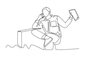 Continuous one line drawing young man startup founder reading company annual report on tablet and calling team member to confirm. Report validation. Single line draw design graphic illustration vector
