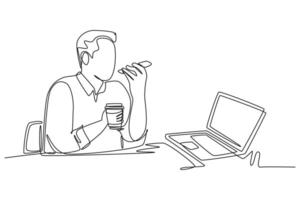 Single continuous line drawing young male director sitting on work chair, drinking coffee and calling his managers in front of computer. Business talk. One line draw graphic design illustration vector