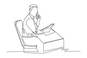 Continuous one line drawing of young manager read company annual report and match it with data at computer while receive a pone call. Company audit. Single line draw design graphic illustration vector