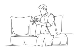 Continuous one line drawing of young relax business man sitting on sofa while writing message text to staff on smart phone. Business call direction. Single line draw design graphic illustration vector