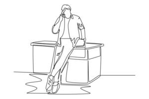 Single one line drawing young business man sitting on desk staring on tablet screen and holding phone calling his staff. Business talk. Modern continuous line draw design graphic illustration vector