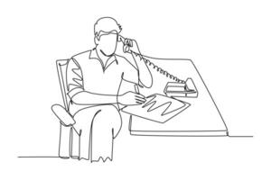 Continuous one line drawing of male startup founder reading company growth report on paper document while receiving phone from investor. Business accountability. Single line design illustration vector