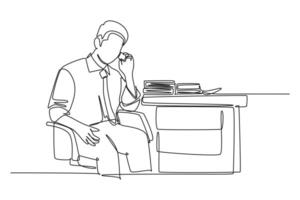 Single continuous line drawing of young furious male manager holding smartphone and calling his staff at office to ask report. Discussion on phone concept. One line graphic design illustration vector
