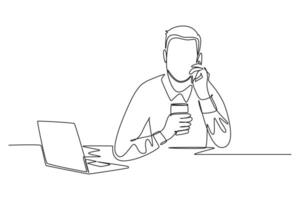 Single one line drawing male manager drink coffee in front of laptop and receiving phone call from business colleague. Office work load concept. Continuous line draw design graphic illustration vector