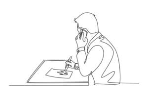 Continuous one line drawing back view startup CEO writing business deal draft on paper and consulting with his mentor on phone. Business mentoring. Single line draw design graphic illustration vector