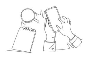 Single one line drawing of gesture hand holding touch smartphone screen doing transaction online shopping beside mug of drink. Device gadget concept. Continuous line design graphic illustration vector