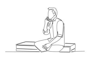 Single continuous line drawing young business man sitting on office desk and holding phone calling his staff discuss financial report. Business talk. One line draw graphic design illustration vector