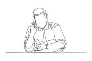 Single continuous line drawing young male company director giving short brief through phone call to his team member from office. Business talk concept. One line draw graphic design illustration vector