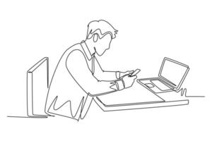 Single continuous line drawing young programmer typing message on smart phone to ask coding language to his friend at the office. Programming concept. One line draw graphic design illustration vector