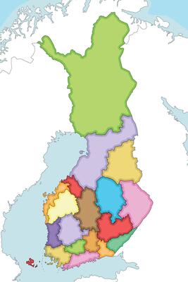 illustrated blank map of Finland with regions or counties and administrative divisions, and neighbouring countries. Editable and clearly labeled layers.