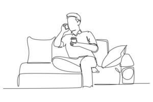 Single continuous line drawing young happy manager holding cup of coffee while talking on smartphone with business partner at cozy office sofa. Dynamic one line draw graphic design illustration vector