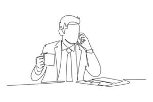 Single one line drawing young happy manager drinking coffee at work desk and calling his partner with smartphone. Business conversation concept. Continuous line draw design graphic illustration vector