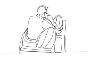 Single continuous line drawing back view of male manager sitting on office sofa during calling team member to give instruction. Work direction concept. One line draw graphic design illustration vector