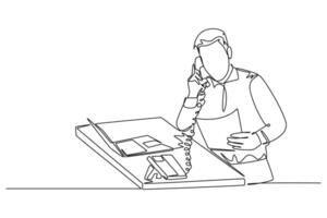 Single one line drawing young marketing manager reading sales report from sales division during receiving a phone call. Company report. Modern continuous line draw design graphic illustration vector