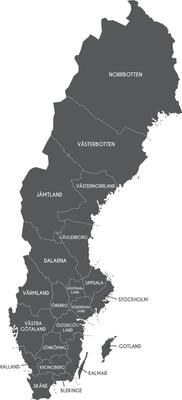 regional map of Sweden with counties and administrative divisions. Editable and clearly labeled layers.
